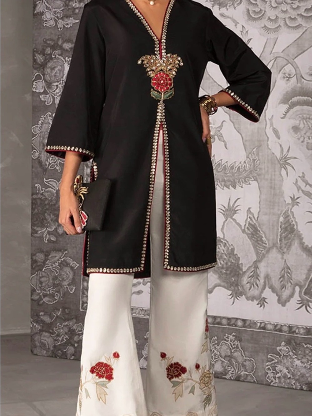 Mahgul Leah - Black Embroidered Kurta with White Floral Palazzo Pants